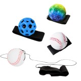Cumpara ieftin Set 4 mingi cu elastic si bratara pentru mana, 2 model baseball alb-rosu, Space Moon Ball albastra si verde multicolor, 66 mm