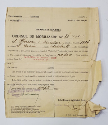 ORDIN DE MOBILIZARE LA LOCUL DE MUNCA PENTRU PROF. HERESCU I. NECULAE , 6 SEPTEMBRIE 1940 foto