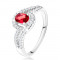 Inel cu un ştras oval, roşu, braţe curbate din zirconiu, argint 925 - Marime inel: 58