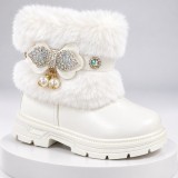 Cumpara ieftin Ghete albe cu blanita accesorizata cu strasuri si perlute, Fetite, Piele