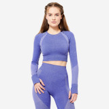 Bluză seamless 900 Fitness cardio fără cusături crop top Albastru Damă, Domyos