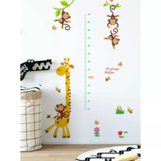 Sticker Perete Autocolant cu Centimetru pentru Copii - Girafa si Maimute