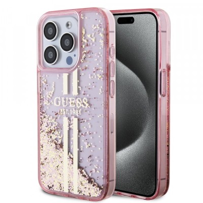 Husa pentru Apple iPhone 15 Pro, Guess, Liquid Glitter Gold Stripes, Roz foto