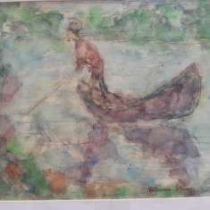 tablou Pescar in barca, Hortensia Steurer, guasa pe hartie, 27x20 cm