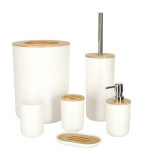 Set accesorii pentru baie din 6 piese, plastic si lemn, alb, Oem