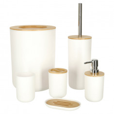 Set accesorii pentru baie din 6 piese, plastic si lemn, alb