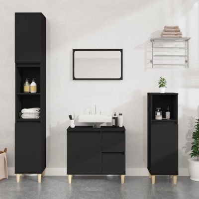 Set dulapuri de baie, 3 piese, negru, lemn prelucrat foto