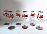 Set 6 pahare sticla vechi pictate manual, tarie / lichior, vintage, picior inalt