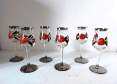 Set 6 pahare sticla vechi pictate manual, tarie / lichior, vintage, picior inalt