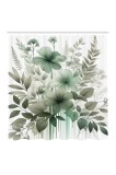 Perdea de duș din material, verde salvie, cu imprimeu floral nostalgic de frunze și cu c&acirc;rlige &ndash; turcoaz, gri, albastru cadet, 69 x 79 in
