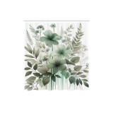 Perdea de duș din material, verde salvie, cu imprimeu floral nostalgic de frunze și cu c&acirc;rlige &ndash; turcoaz, gri, albastru cadet, 69 x 79 in