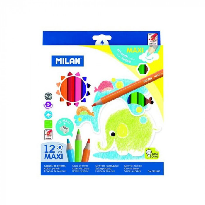 Set 12 Creioane Color MILAN Maxi, Ascutitoare Maxi Inclusa, Corp din Lemn Hexagonal, 12 Culori Diferite, Set Creioane Colorate, Creioane Colorate, Cre