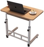 Birou multifuntional cu roti, inaltime reglabila, cadru metalic, blat lemn deschis, dimensiuni 80x40 cm, alb/lemn deschis