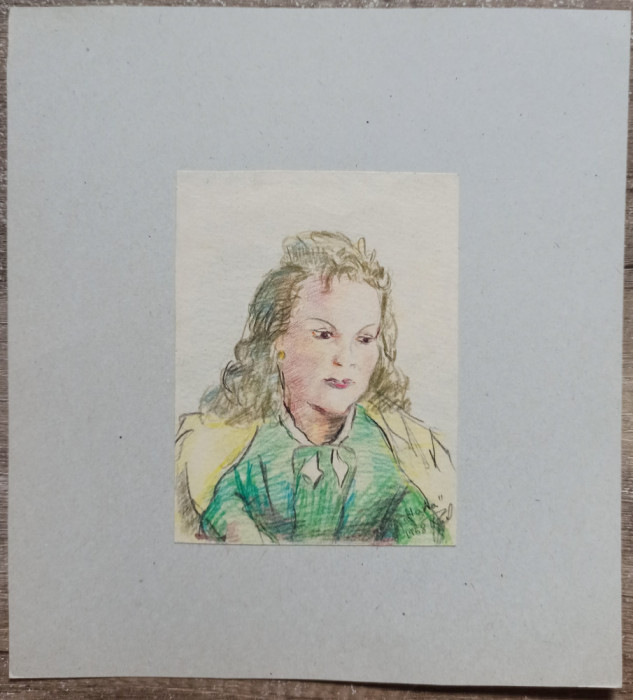 Portret tanara// desen in creioane colorate, Rodica Raileanu 1958