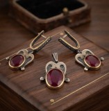 Set din Argint 925 , zOttoman Empress, - Cercei E i Pandantiv Vintage cu Piatra RoE ie-Rubin