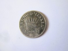 Rara! Statele Italiene/Regatul Napoleonian al Italiei 5 Soldi 1810 M argint 900,Napoleon I,diam=15 mm,moneda din imagini la cel mai mic pret