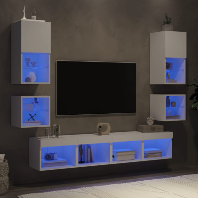 vidaXL Unități de perete TV cu LED-uri, 8 piese, alb, lemn prelucrat foto