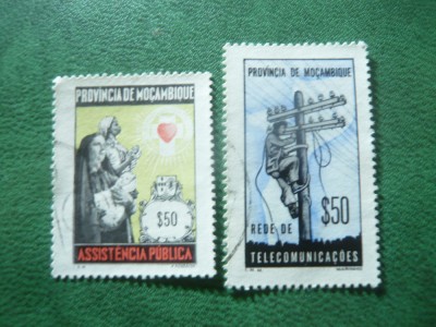 2 Timbre Provincia Mozambic 1963 si 1965 - Telegraf si Asistenta , stampilate foto