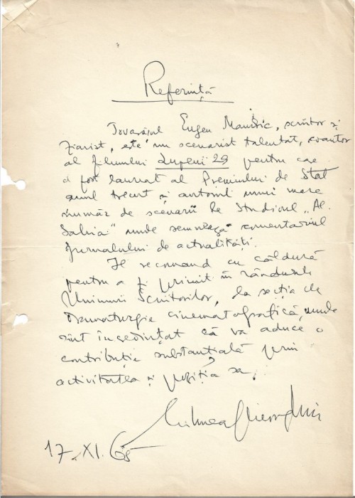 A3247N Document scris și semnat olograf de Mihnea Gheorghiu referitor la Eugen Mandric, 1965