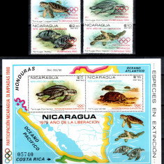 Nicaragua 1980, Mi #2099-2102 + Bl 114**, fauna, testoase, Olimpiada, MNH, 90 €!