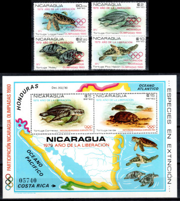 Nicaragua 1980, Mi #2099-2102 + Bl 114**, fauna, testoase, Olimpiada, MNH, 90 &amp;euro;! foto