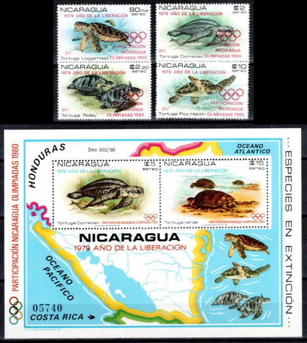 Nicaragua 1980, Mi #2099-2102 + Bl 114**, fauna, testoase, Olimpiada, MNH, 90 &euro;!