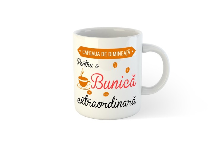 Cana alba personalizata Cafeaua de dimineata pentru o Bunica extraordinara, INOVATIX&reg;. 330ml