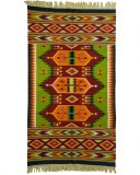 Covor traditional vintage din l&acirc;nă 260&times;199 cm, tip chilim/scoarță, model geometric, cu franjuri &ndash; verde &amp; vișiniu