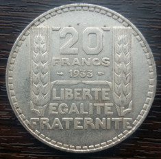 (A168) MONEDA DIN ARGINT FRANTA - 20 FRANCS 1933, 20 GRAME, PURITATE 680/1000 foto