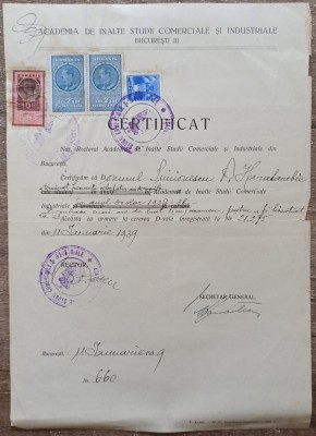 Certificat Academia de Inalte Studii Comerciale si Industriale Bucuresti 1939 foto