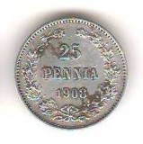 SV * Finlanda / ocup. Rusia tarista 25 PENNIA 1908 * ARGINT, Europa