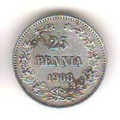 SV * Finlanda / ocup. Rusia tarista 25 PENNIA 1908 * ARGINT