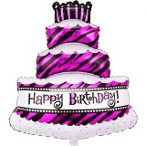 Balon din folie metalizata, flippy, model tort cu 4 straturi, balon aniversar, model happy birthday, 62x43 cm, ambalaj individual, pai inclus, umflare