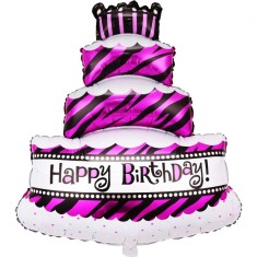 Balon din folie metalizata, flippy, model tort cu 4 straturi, balon aniversar, model happy birthday, 62x43 cm, ambalaj individual, pai inclus, umflare