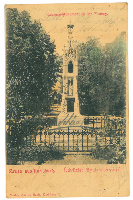 5305 - ALBA-IULIA, Park, Monument, Litho, Romania - old postcard - used - 1903