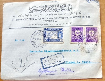 F607-I-Plic filatelic 1913 Constantinopol-OTOMANISCHE GESELSHAFT Elektrische Ind foto