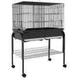 PawHut Colivie pentru Păsări de Interior cu Tăviță, Raft și Roți, Volieră din Oțel pentru Perusi, Canari, Nimfe și Papagali, Negru, 85 x 49 x 119 cm |