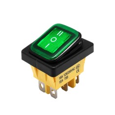 Intrerupator rocker basculant ON-OFF-ON, KCD4-0111-23, 6pini, 250VAC, 16A, 30x22mm, LED verde, cu retinere, IP65