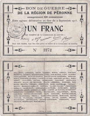 1915 (2 IX), 1 franc (Jean Pirot JPNEC-80-414) - Franța (P&amp;eacute;ronne foto