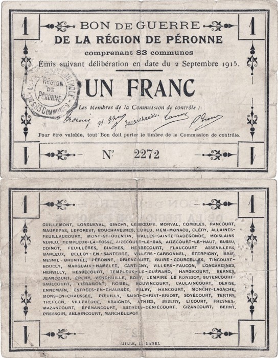 1915 (2 IX), 1 franc (Jean Pirot JPNEC-80-414) - Franța (P&eacute;ronne