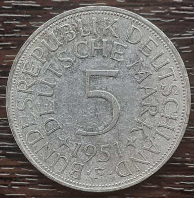 (A834) MONEDA DIN ARGINT GERMANIA - 5 MARK 1951, LIT F, 11,2 GRAME. PURITATE 625 foto