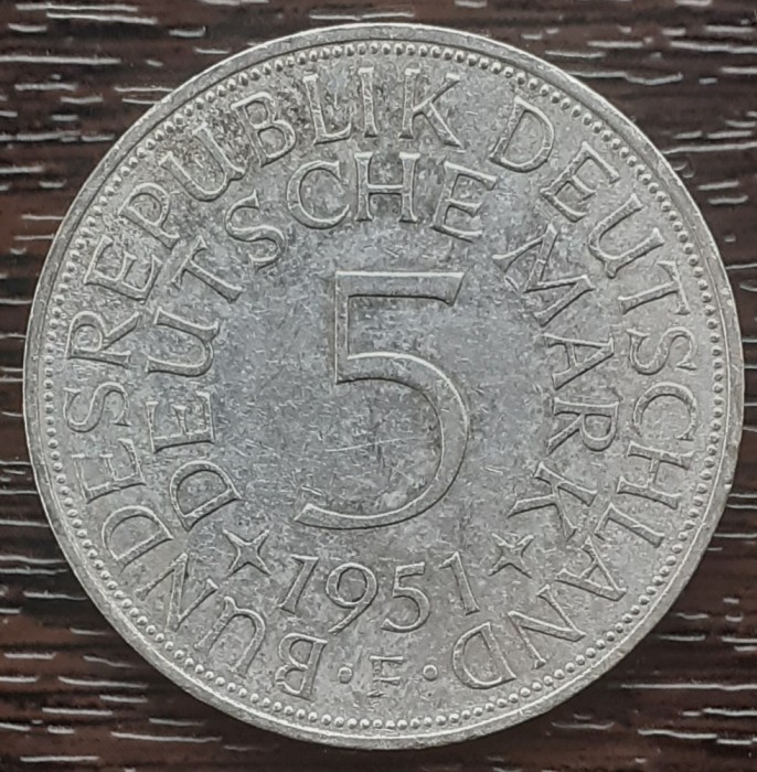 (A834) MONEDA DIN ARGINT GERMANIA - 5 MARK 1951, LIT F, 11,2 GRAME. PURITATE 625