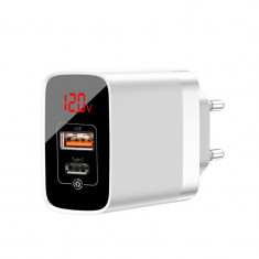 Incarcator retea Baseus, Mirror Lake PPS Travel, Voltage/Power Display, Quick Charge 3.0 USB/USB-C 18W, Alb foto