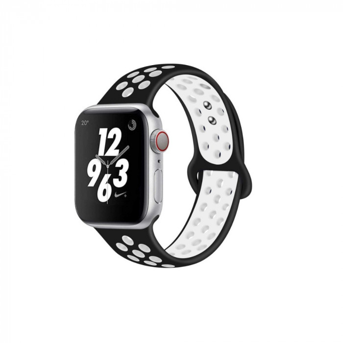 Curea de silicon perforata ceas Apple Watch 5 4 3 2 1 42/44 mm - negru cu alb