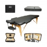 Masa de masaj pliabila portabila 3 zone, cadru lemn, spuma 5cm, inaltime 55-76cm, piele ecologica neagra 60x213cm THOR
