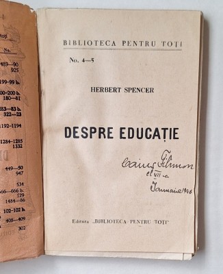 Herbert Spencer &amp;ndash; Despre educație &amp;ndash; BPT nr. 4&amp;ndash;5 (~1946), broșată foto