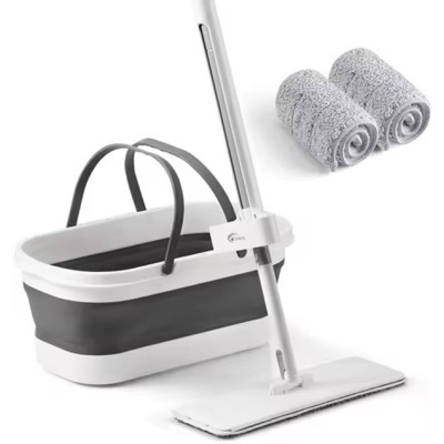 Mop Plat, Flippy, cu Galeata Pliabila, 2 Rezerve din Microfibra, 127 cm Tija Telescopica, Utilizare Umeda/Uscata, Recipient Lichid, Gri foto