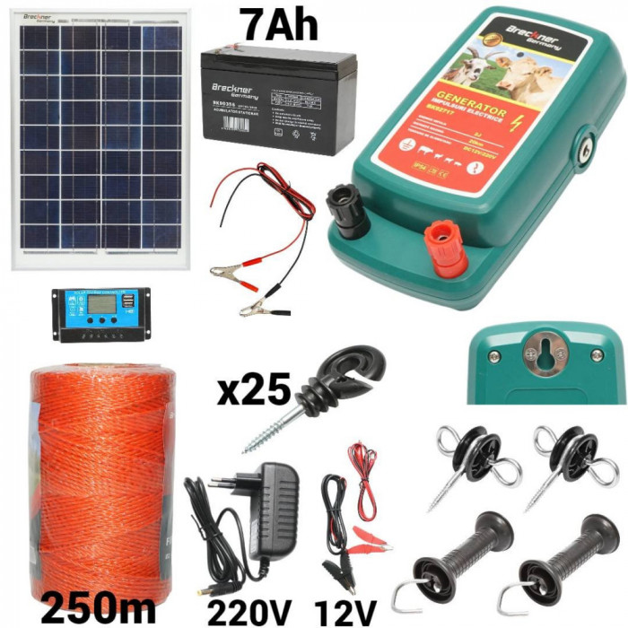 Kit pachet gard electric 2 Joule 12 220V panou solar baterie 7ah 250m (BK92717-250-03-7ah)