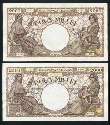 q094 PERECHE CONSECUTIVA 2000 LEI SEPTEMBRIE 1943 aUNC APROAPE NECIRCULATA foto