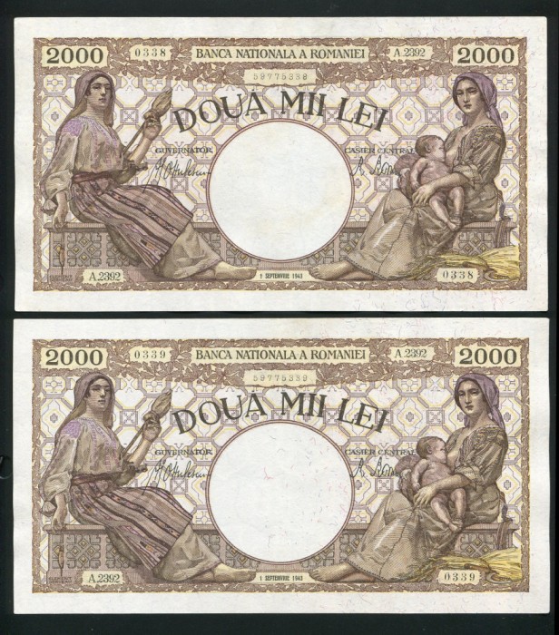 q094 PERECHE CONSECUTIVA 2000 LEI SEPTEMBRIE 1943 aUNC APROAPE NECIRCULATA